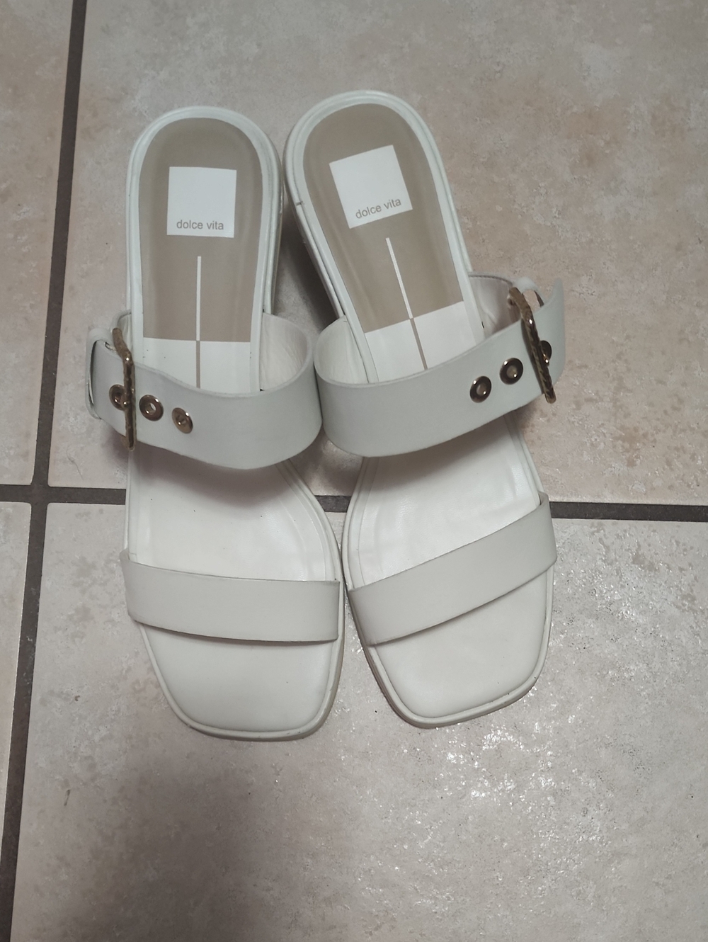 Dolce Vita Cream Slide Sandals with Gold Buckles